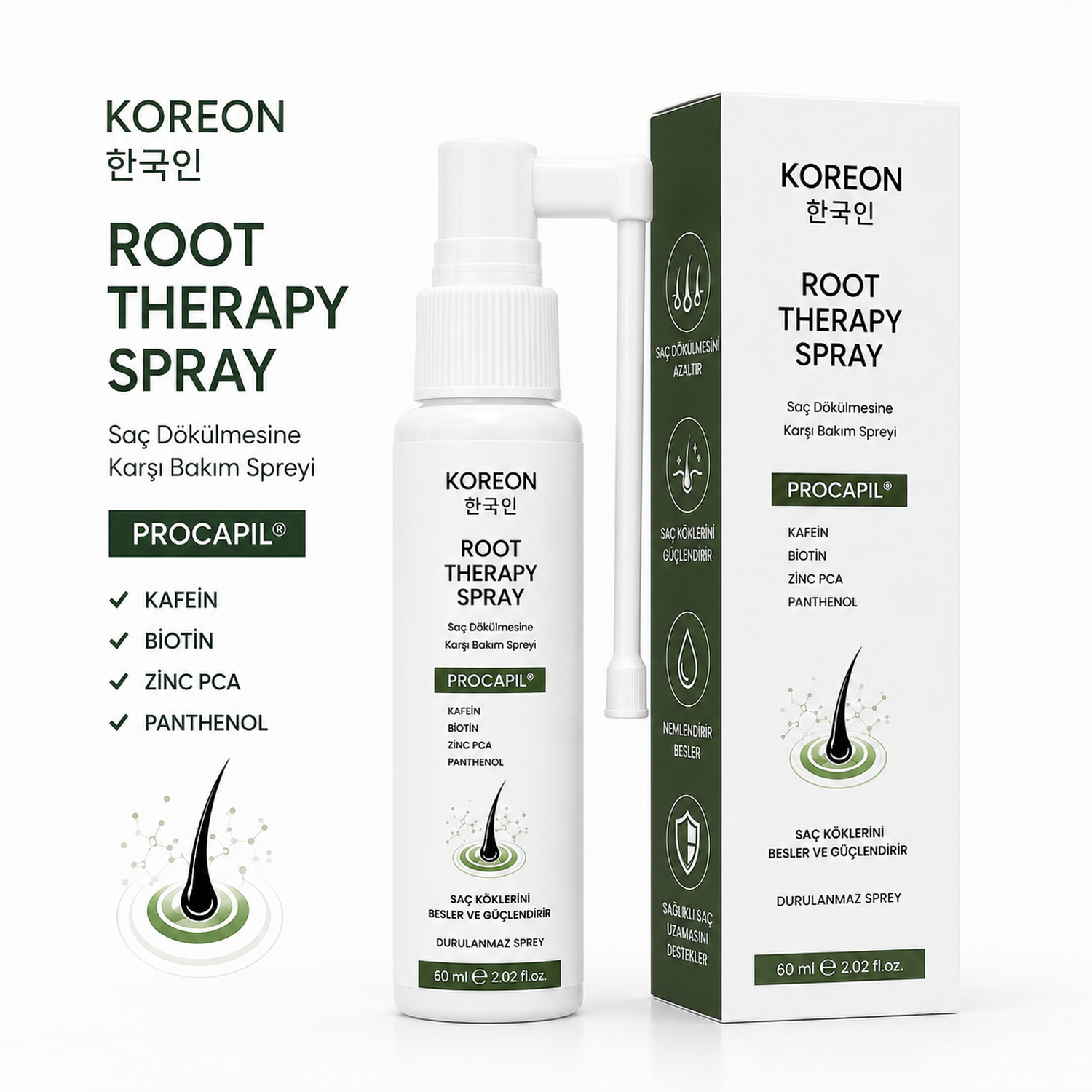 KOREON Procapil Root Therapy içerikleri: Procapil, Kafein, Biotin, Zinc PCA, Panthenol