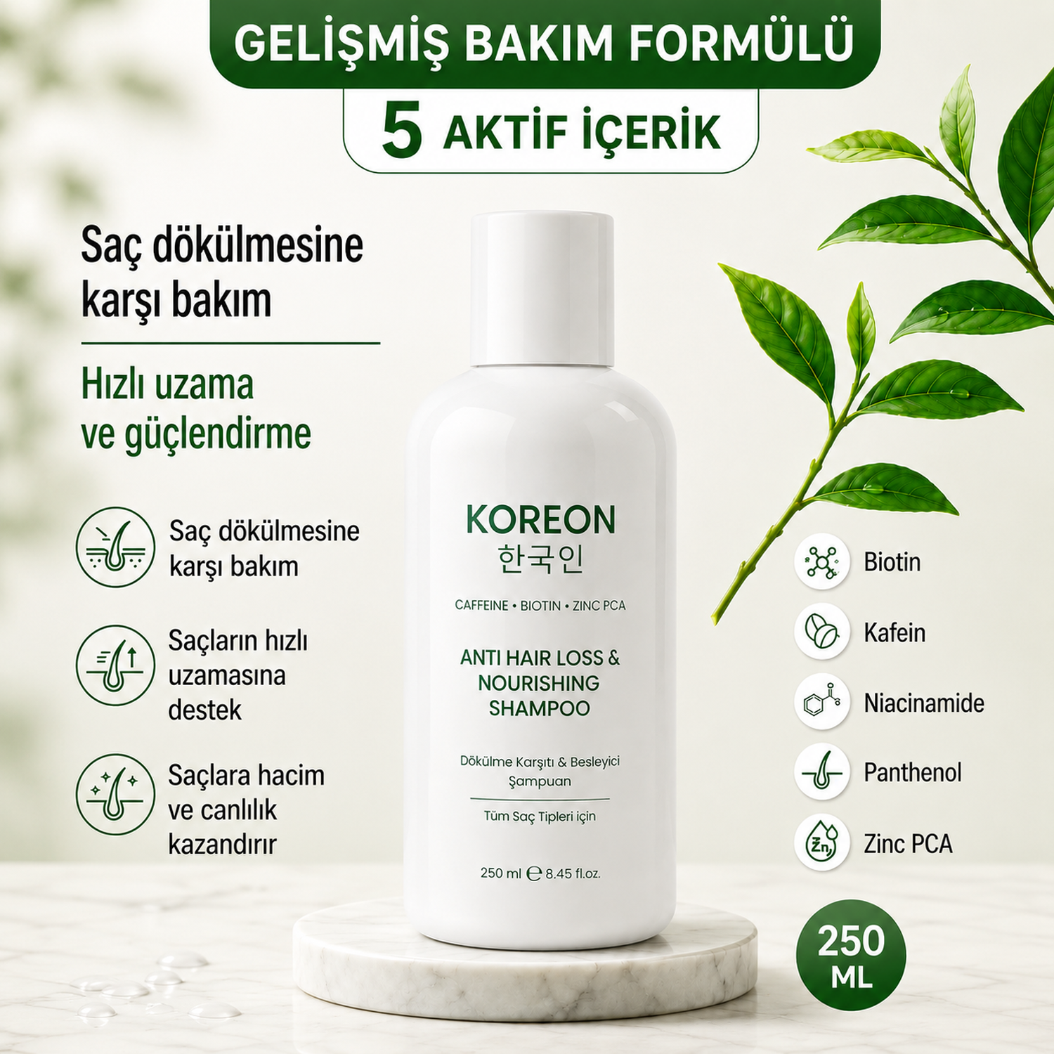 KOREON şampuan aktif içerikleri: Kafein, Biotin, Niacinamide, Panthenol, Zinc PCA
