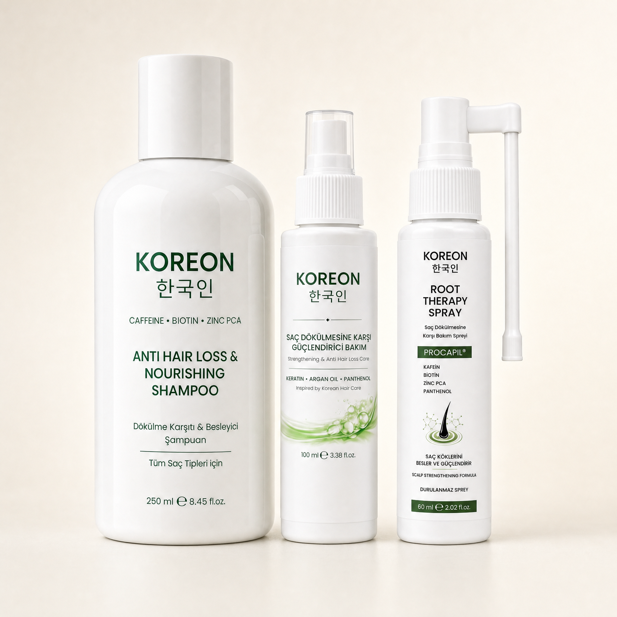 KOREON Tam Rutin Seti: şampuan, saç bakım spreyi ve Procapil Root Therapy spreyi